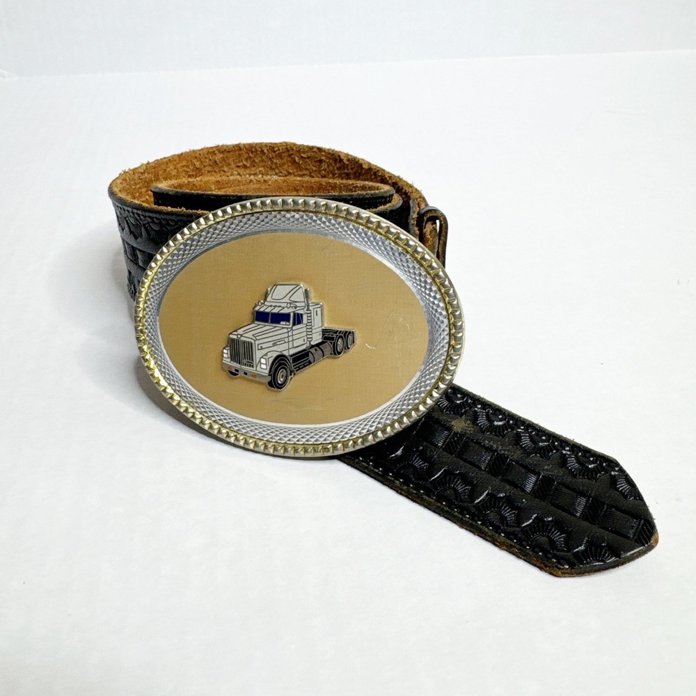 Vintage Black Embossed Leather Belt 32 Semi Truck Trailer Buckle Western Trucker